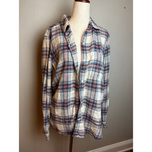 American Eagle Plaid Flannel Button Down Shirt L Off-White Blue ah soft bf